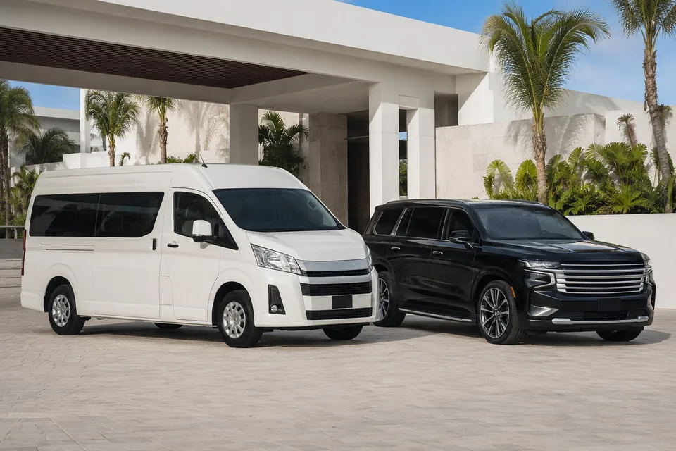 White passenger van and black SUV for private airport transfers, parked at a hotel entrance in Cancún
