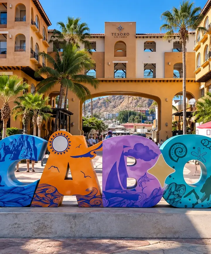 The colorful CABO letters at the Cabo San Lucas marina
