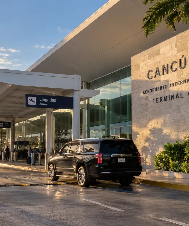 A black Suburban waiting at Cancún International Airport, Terminal 4 arrivals