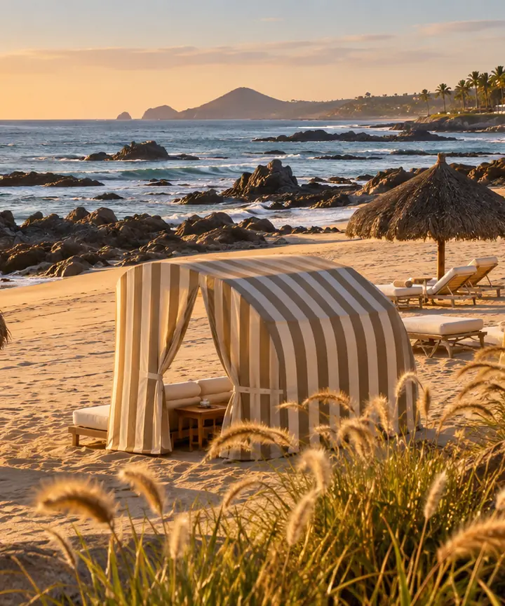 Palapas and cabanas on a San José del Cabo beach at sunrise