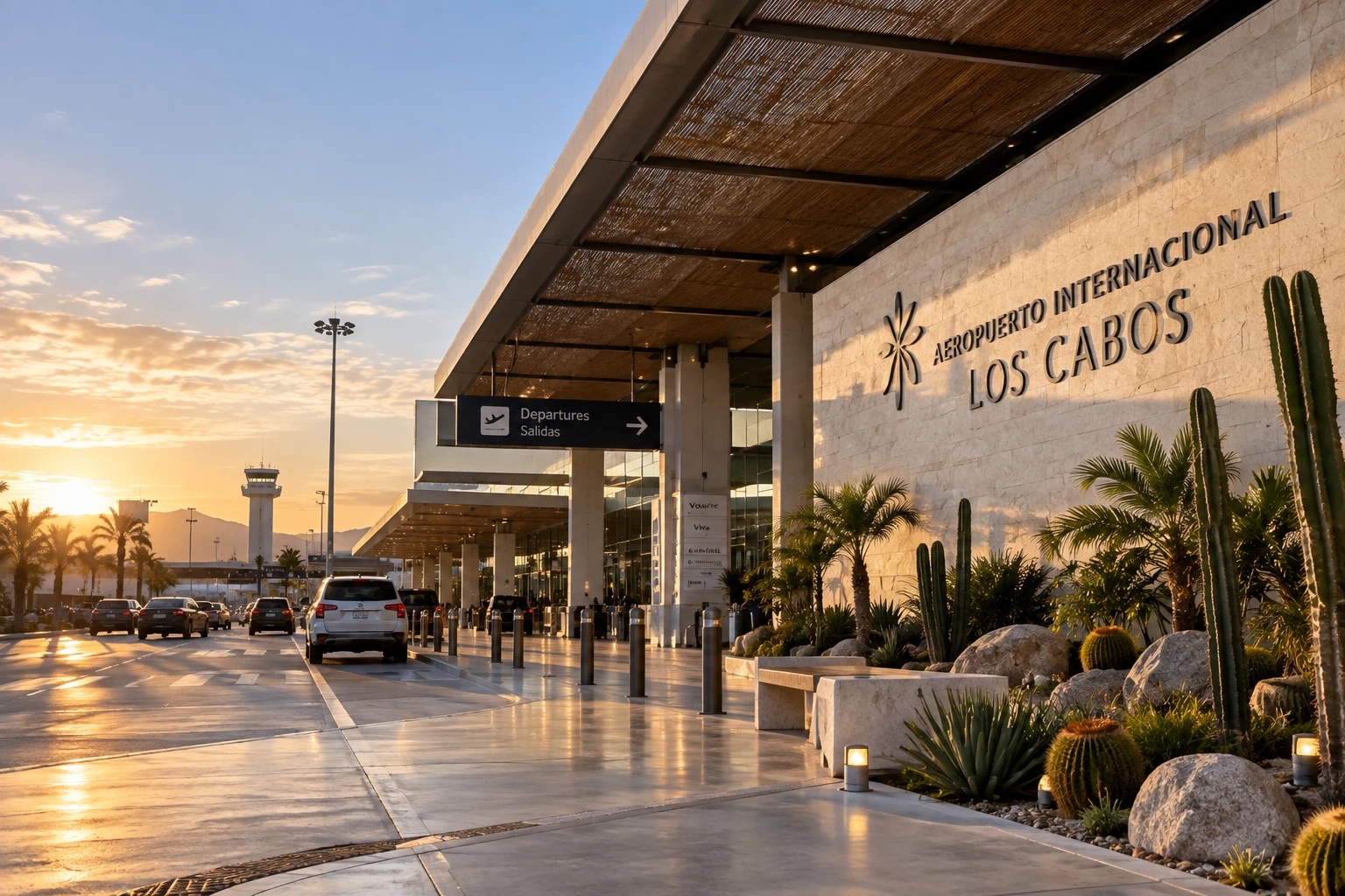 Los Cabos International Airport terminal at sunset
