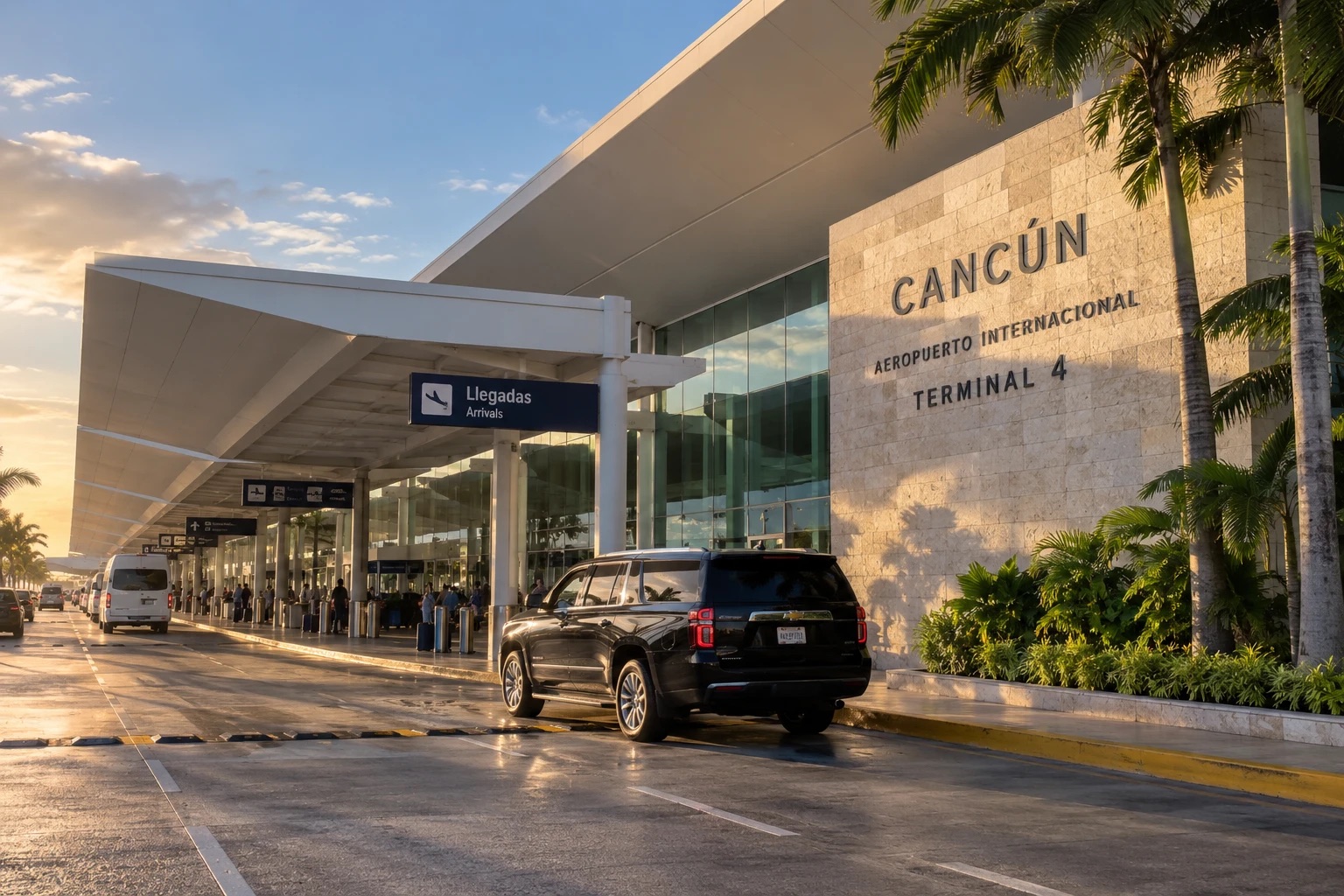 A private black Suburban waiting at Cancun International Airport, Terminal 4