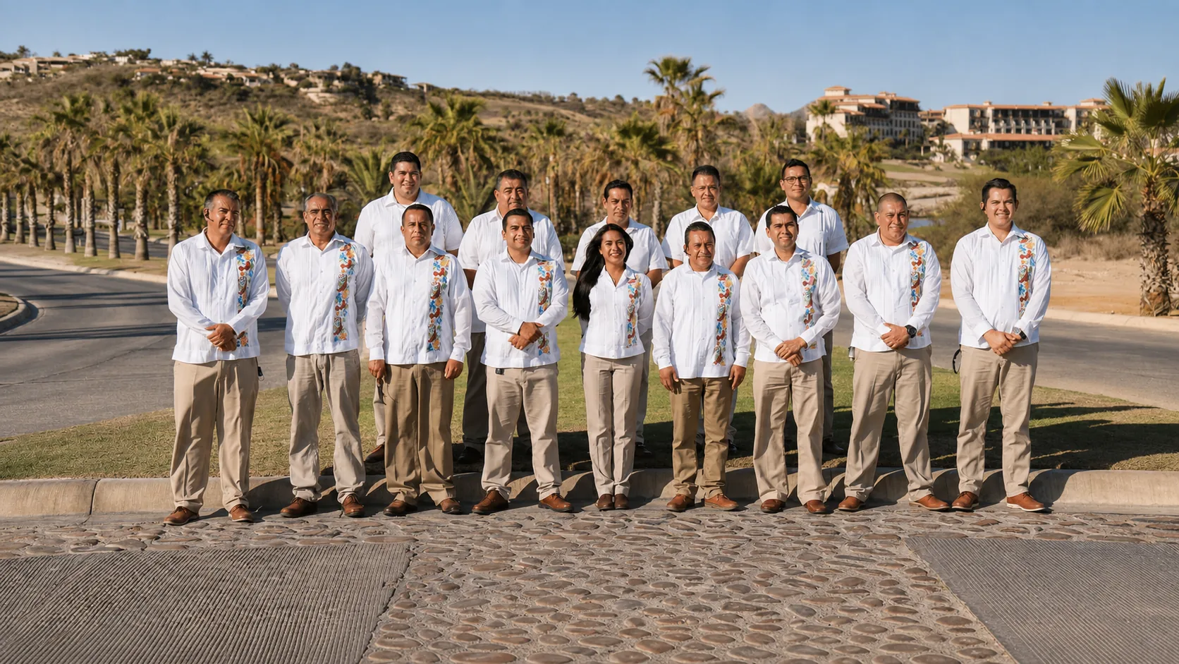 The Blue Dreams team of drivers and coordinators in white guayaberas, lined up on a resort drive